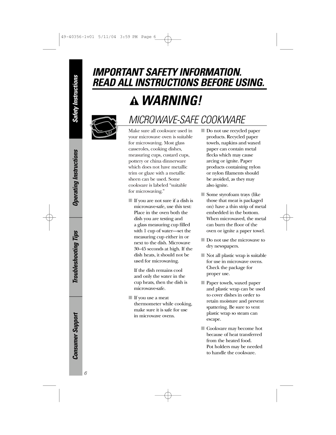 GE JEM31 owner manual MICROWAVE-SAFE Cookware 