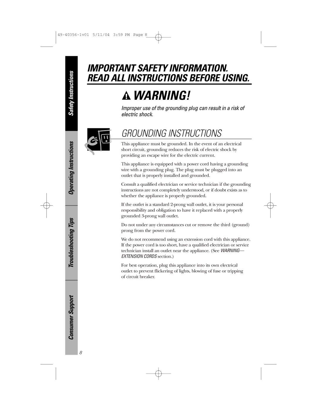 GE JEM31 owner manual Grounding Instructions 