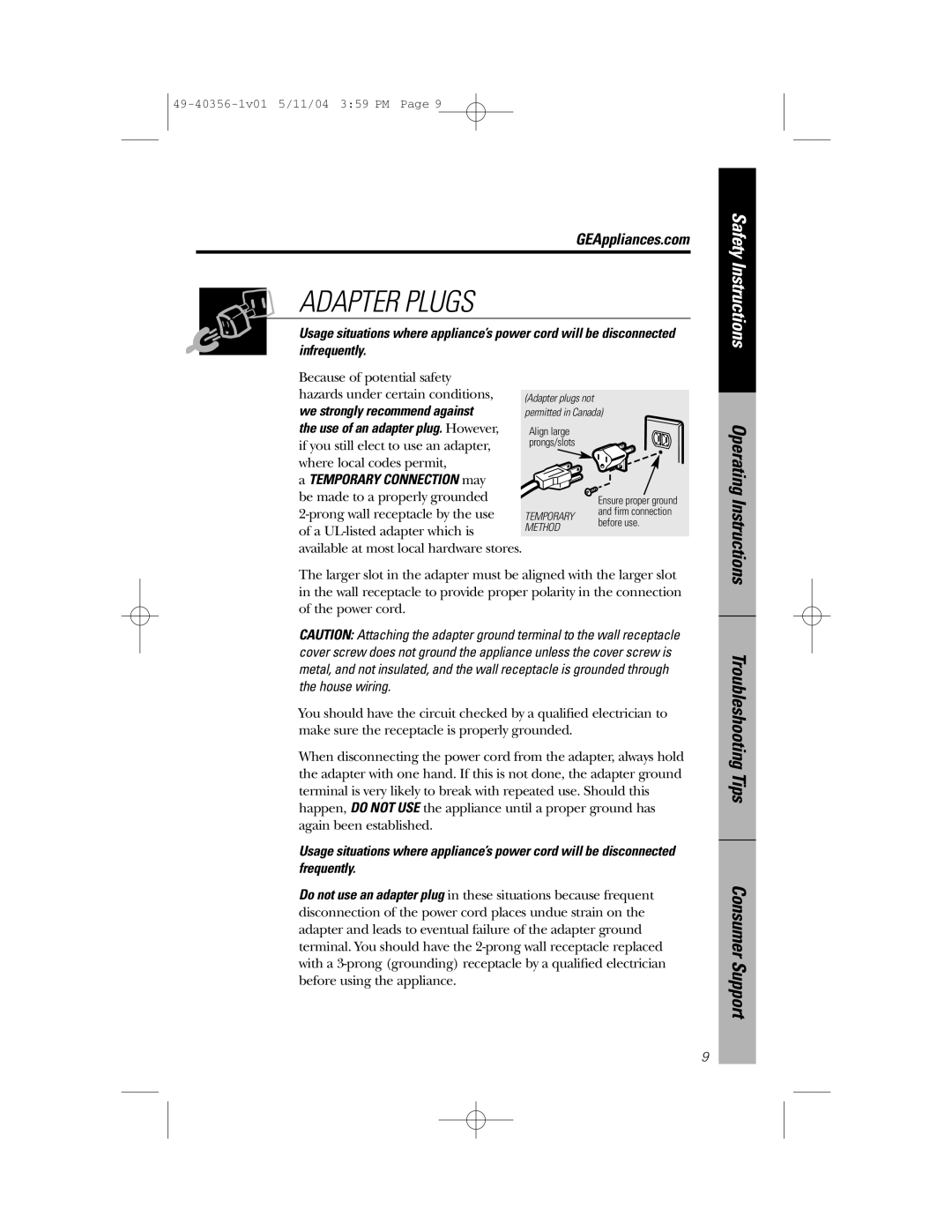 GE JEM31 owner manual Adapter Plugs, We strongly recommend against 