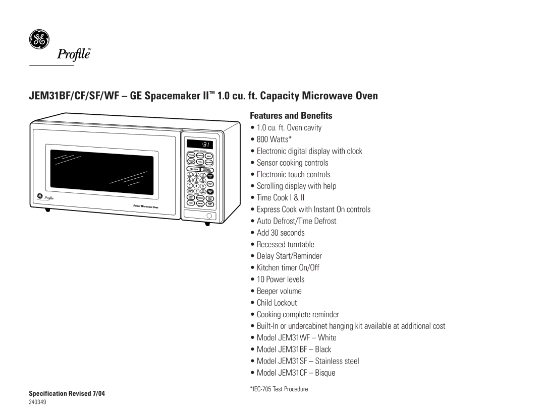 GE JEM31BF/CF/SF/WF dimensions Features and Benefits 