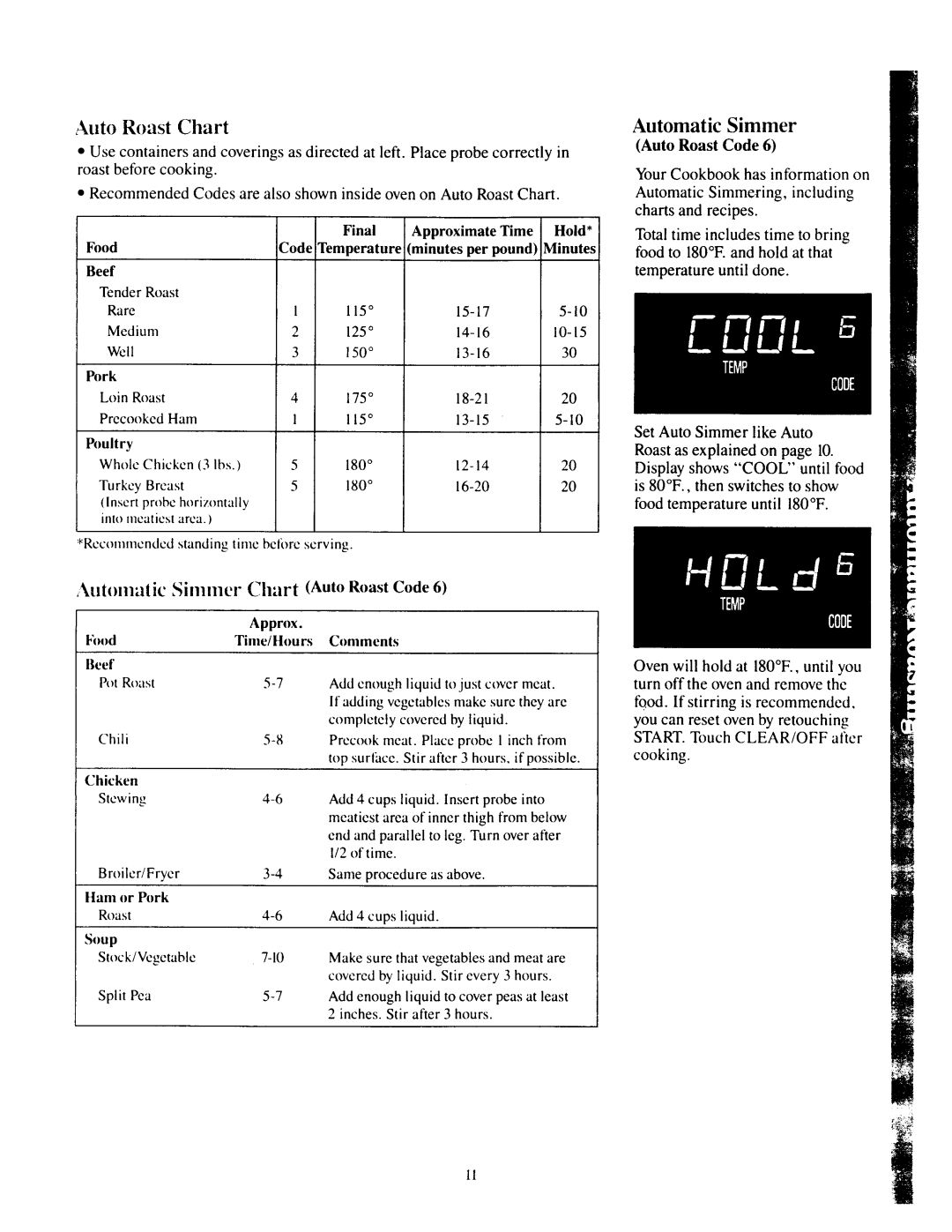 GE JEM31F manual Auto Roast Chart, Automatic Simmer, Auto RoastCode 