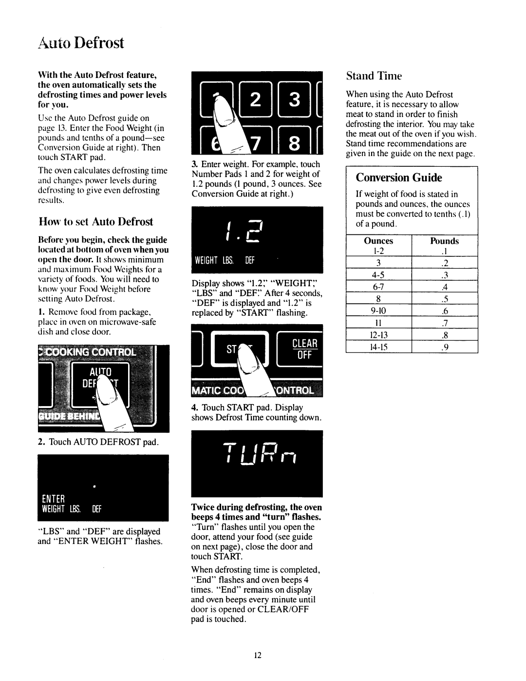 GE JEM31F manual 4uboDefrost, Stand Time, Conversion Guide, How to set Auto Defrost, Ounces Pounds 