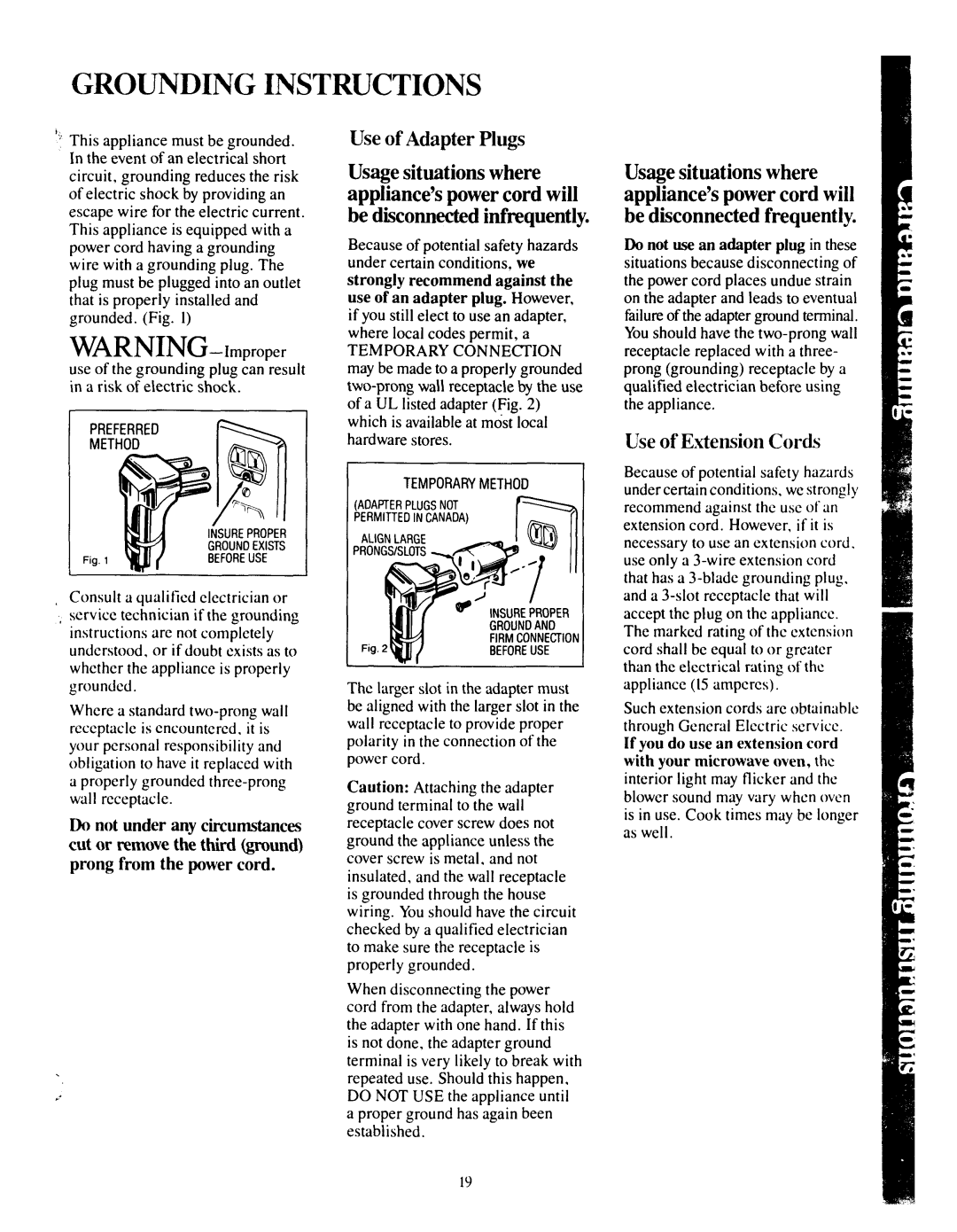 GE JEM31F manual Use of Adapter Plugs, Use of Extension Cords, If you do use anextension cord, With your microwaveoven 