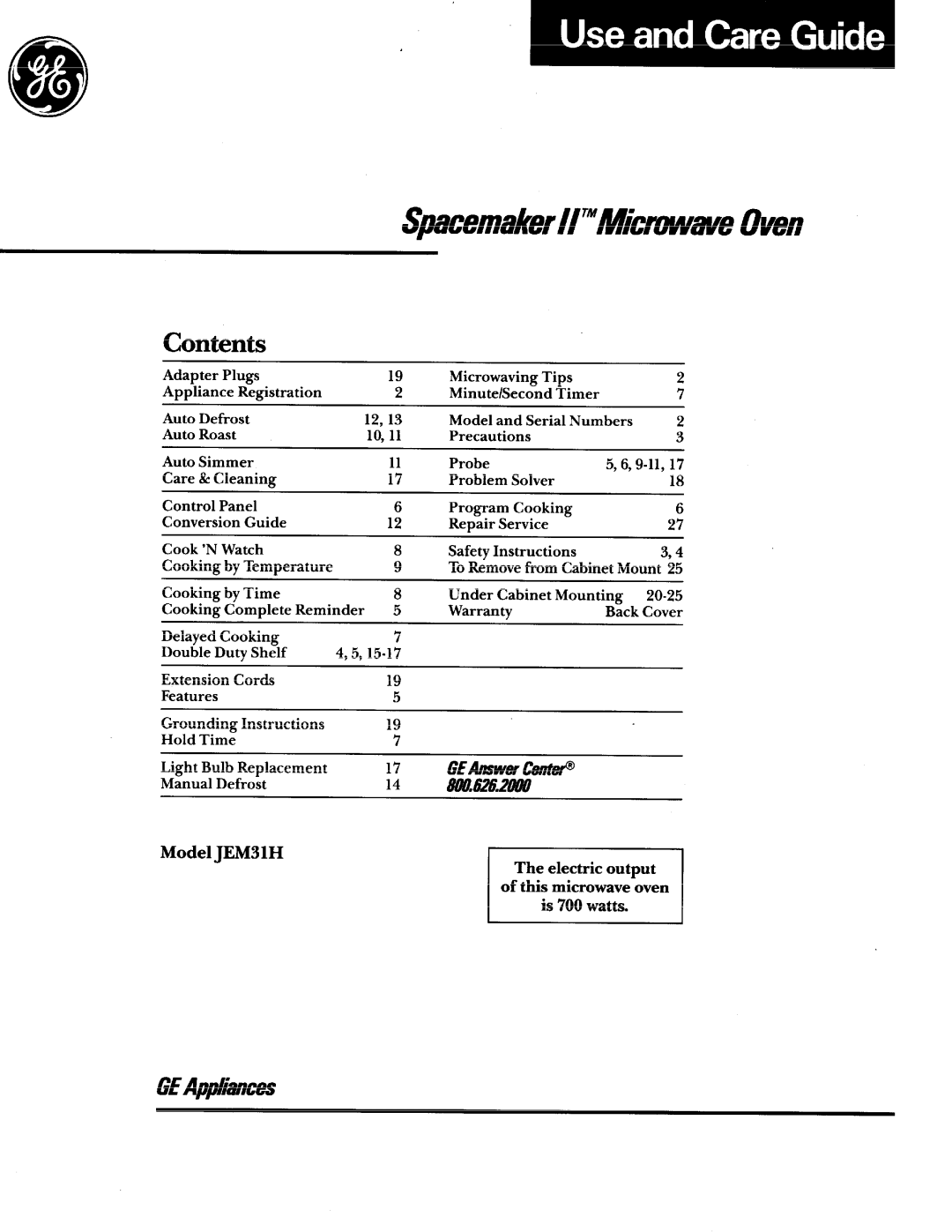 GE JEM31H manual Contents, Spacemakerll’”Micwie Oven, GEAppRmces 