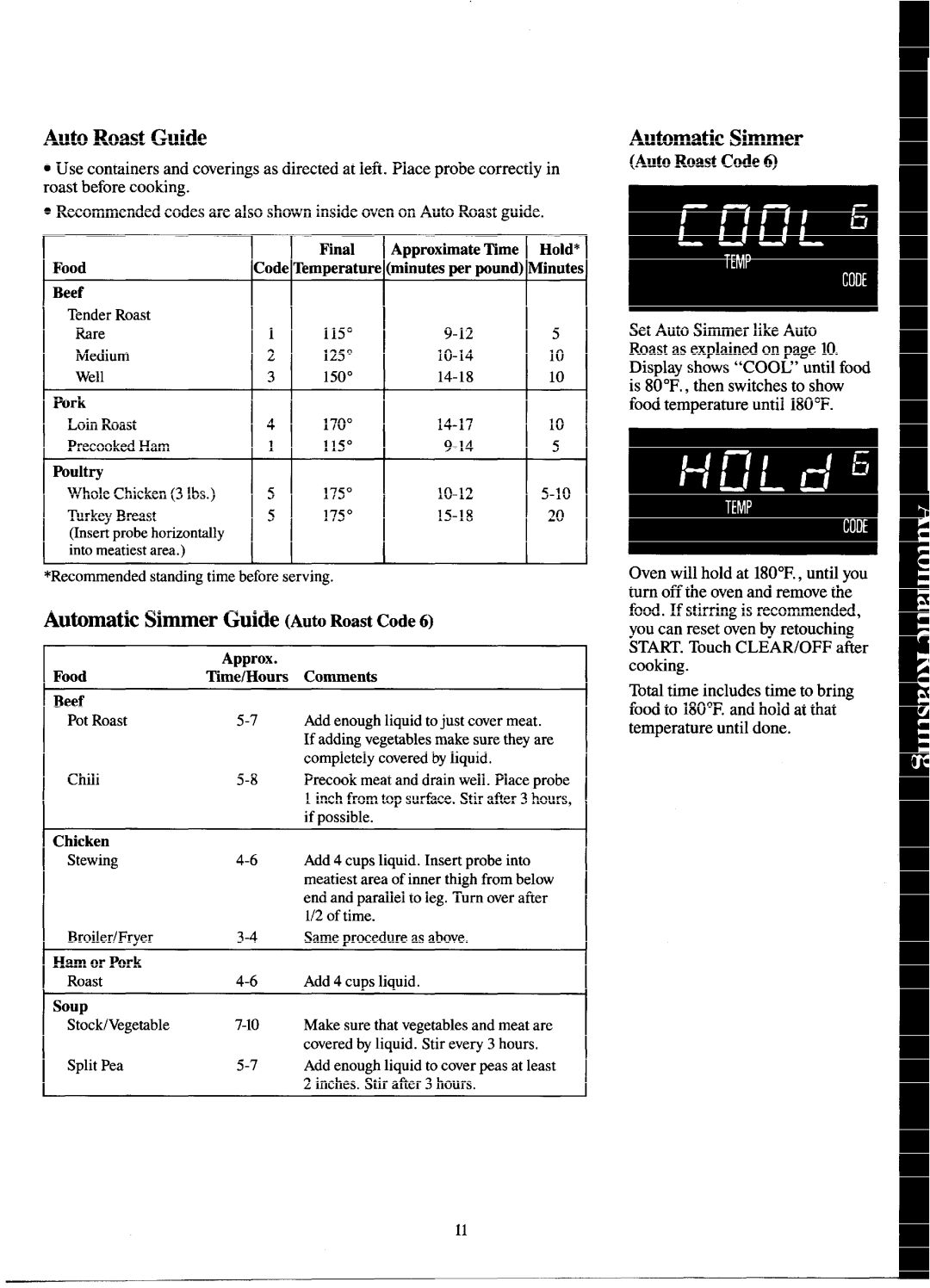 GE JEM31H manual Auto Roast Guide, Automatic Simmer Guide Auto Roast Code 