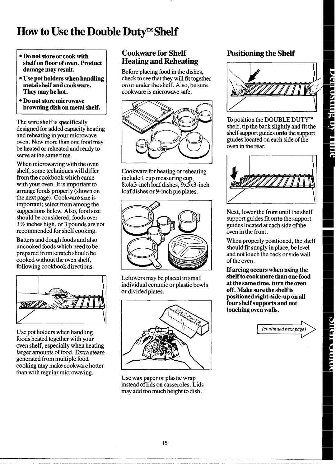 GE JEM31H manual How to Use the Double DutyTMShelf, Cookware for Shelf Heating and Reheating, Positioning the Shelf 