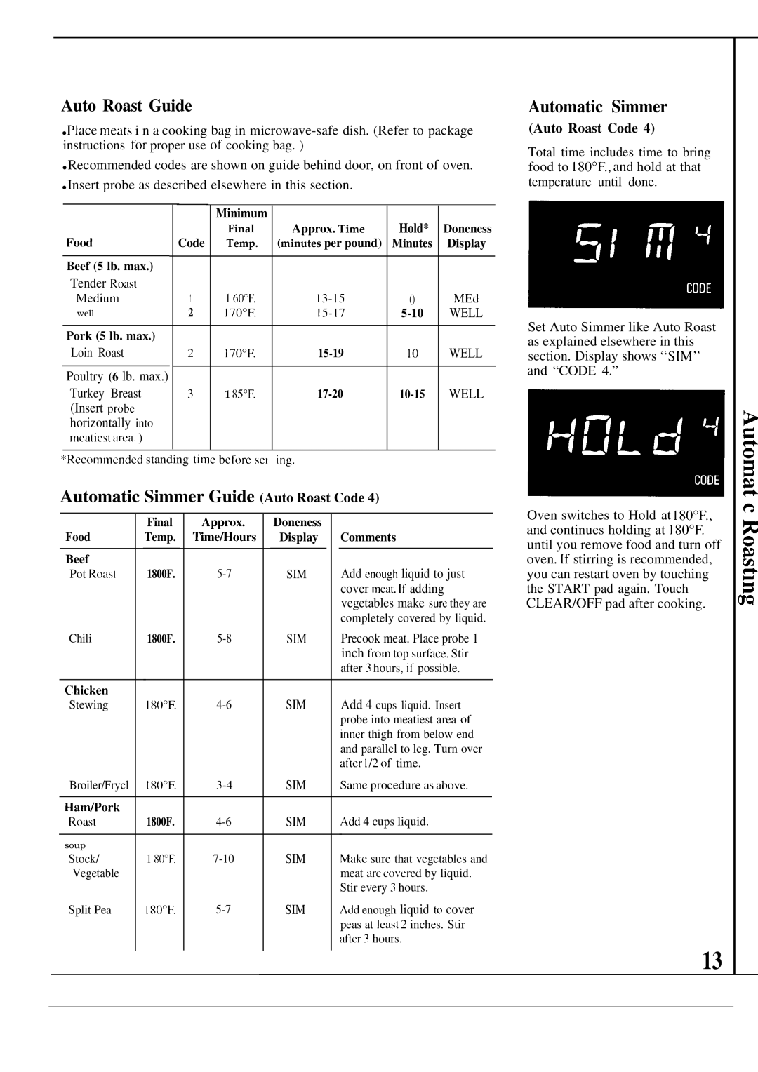 GE JEM31L manual Auto Roast Guide, Automatic Simmer Guide Auto Roast Code 