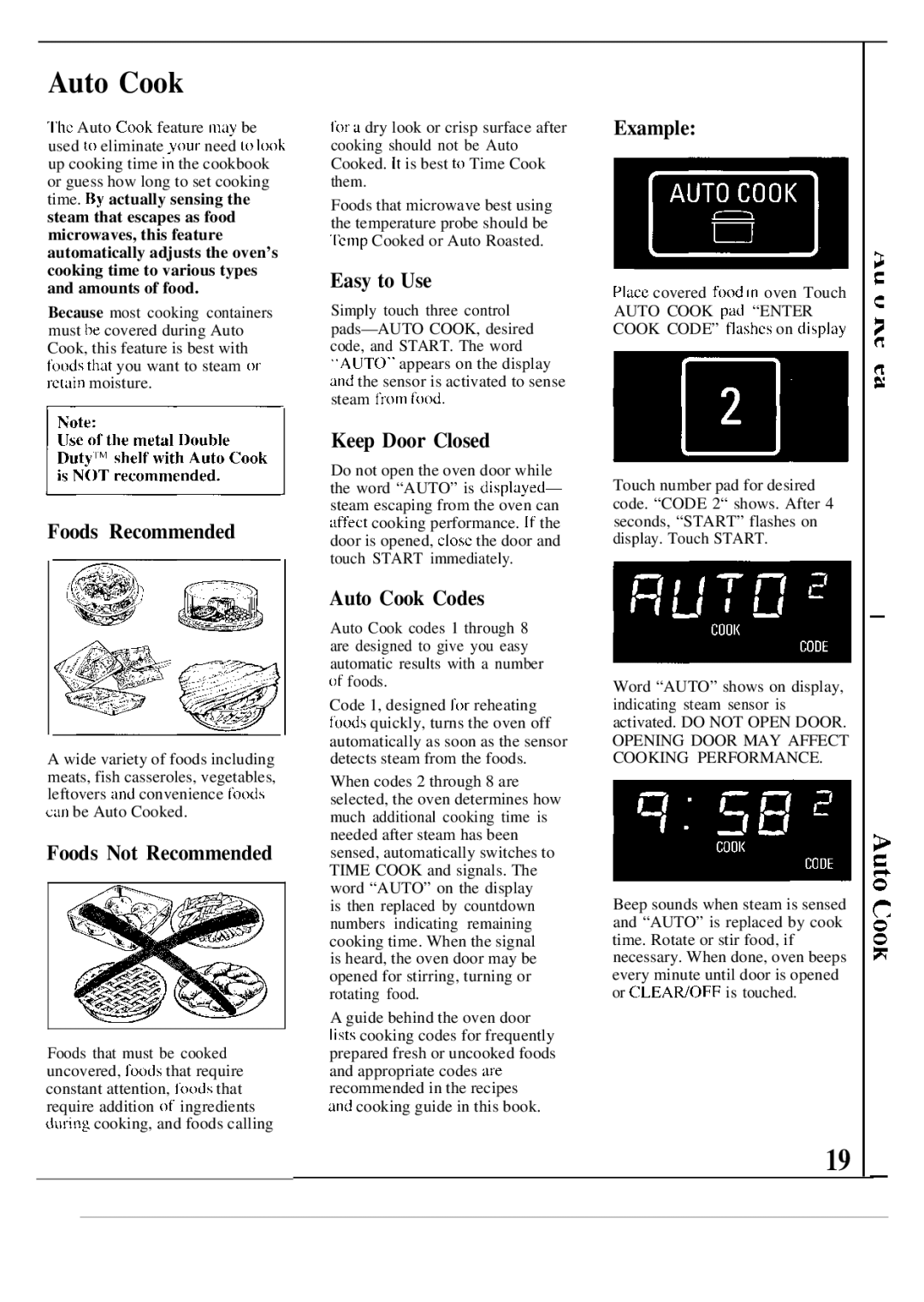 GE JEM31L manual Keep Door Closed, Auto Cook Codes 