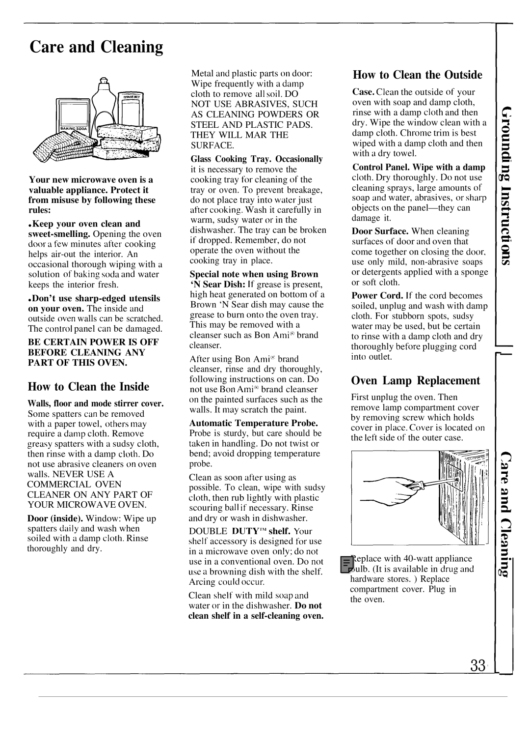 GE JEM31L manual Care and Cleaning, How to Clean the Inside, How to Clean the Outside, Oven Lamp Replacement 