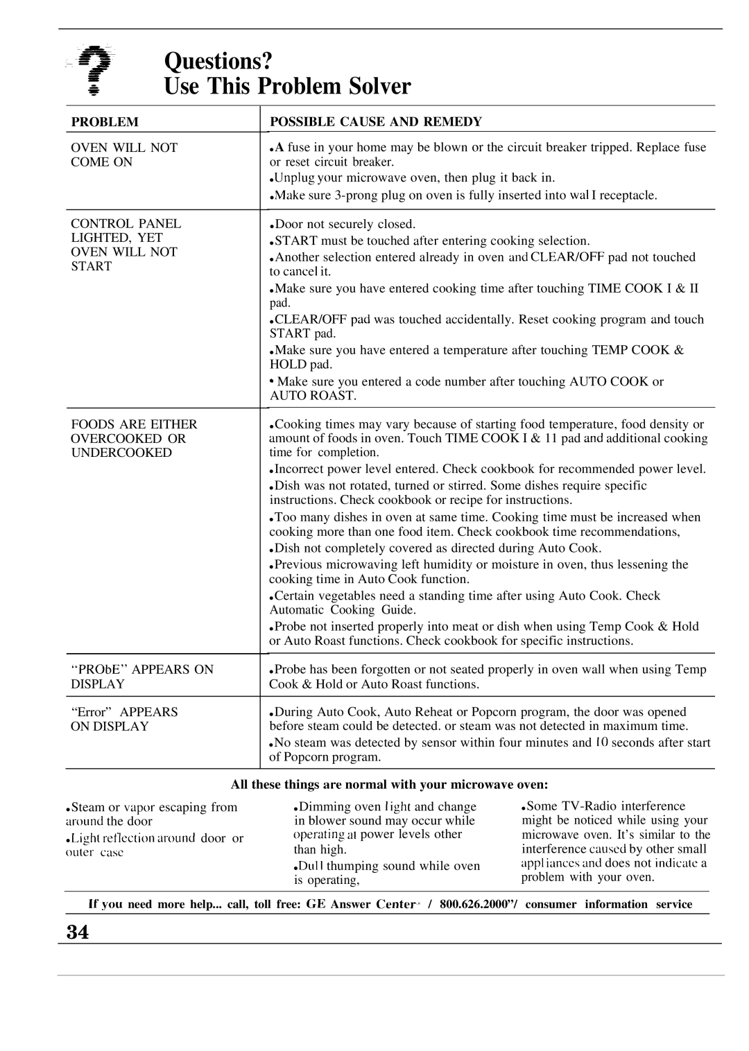 GE JEM31L manual Questions?, Use This Problem Solver, All these things are normal with your microwave oven 