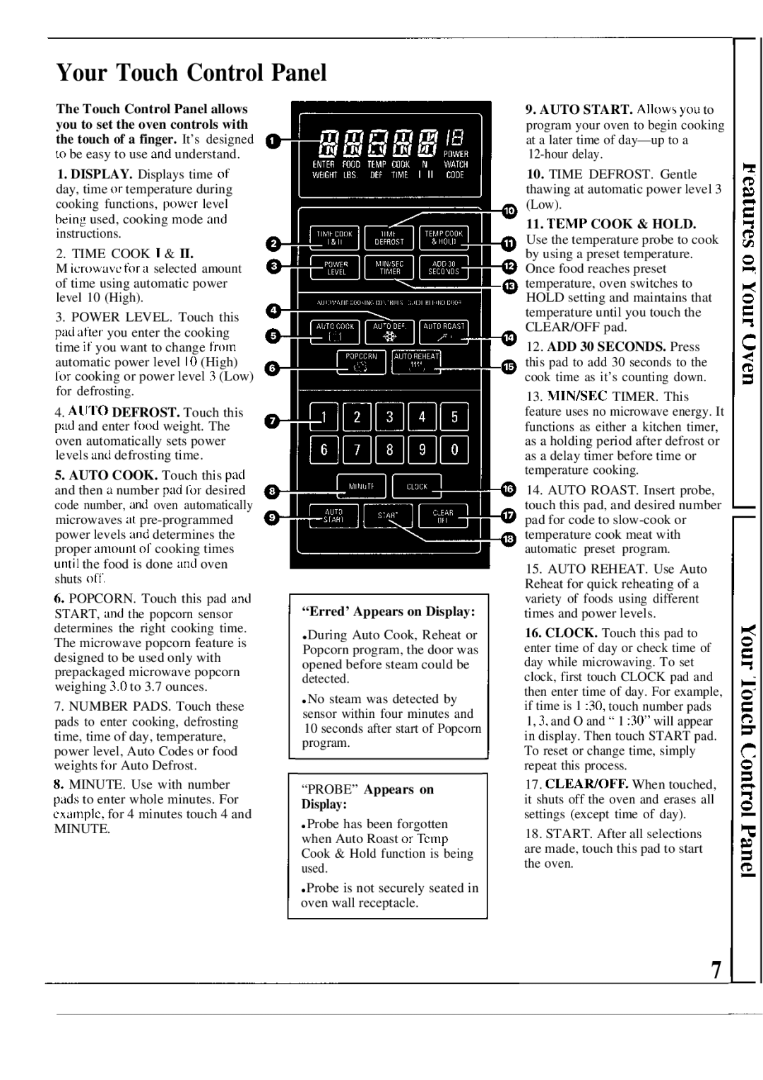 GE JEM31L manual Your Touch Control Panel, Erred’ Appears on Display, Probe Appears on Display, ADD 30 SECONDS. Press 