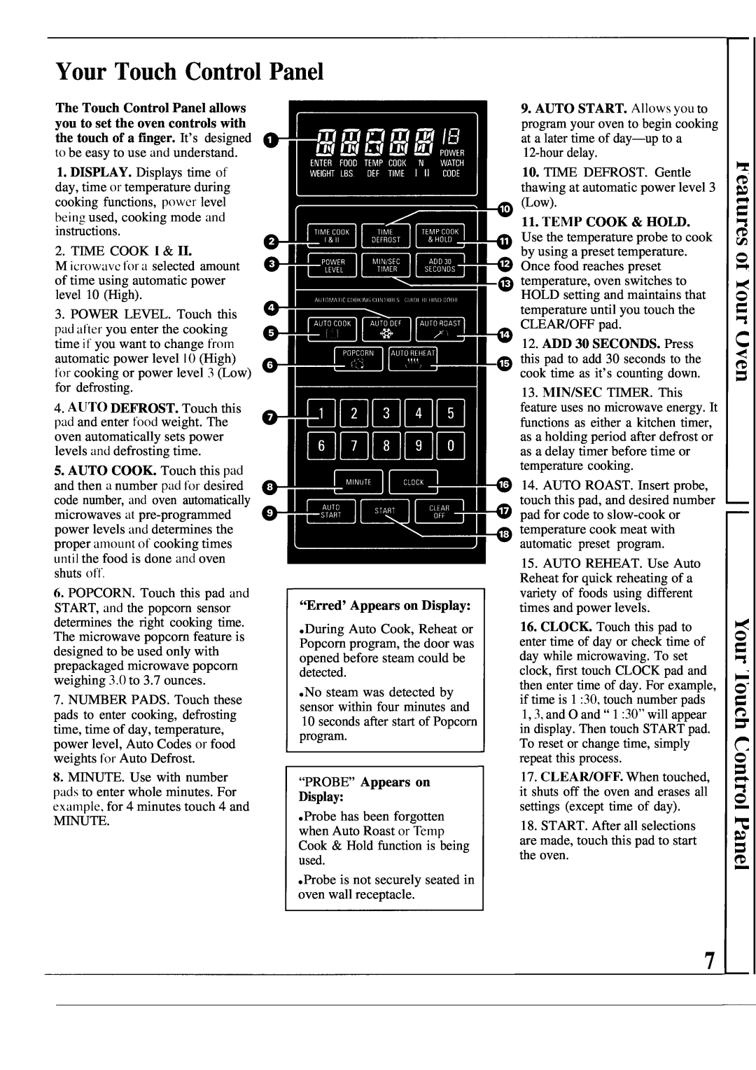 GE JEM31L manual Your Touch Control Panel, “Erred’ Appears on Display, “PROBE” Appears on Display, ADD 30 SECONDS. Press 