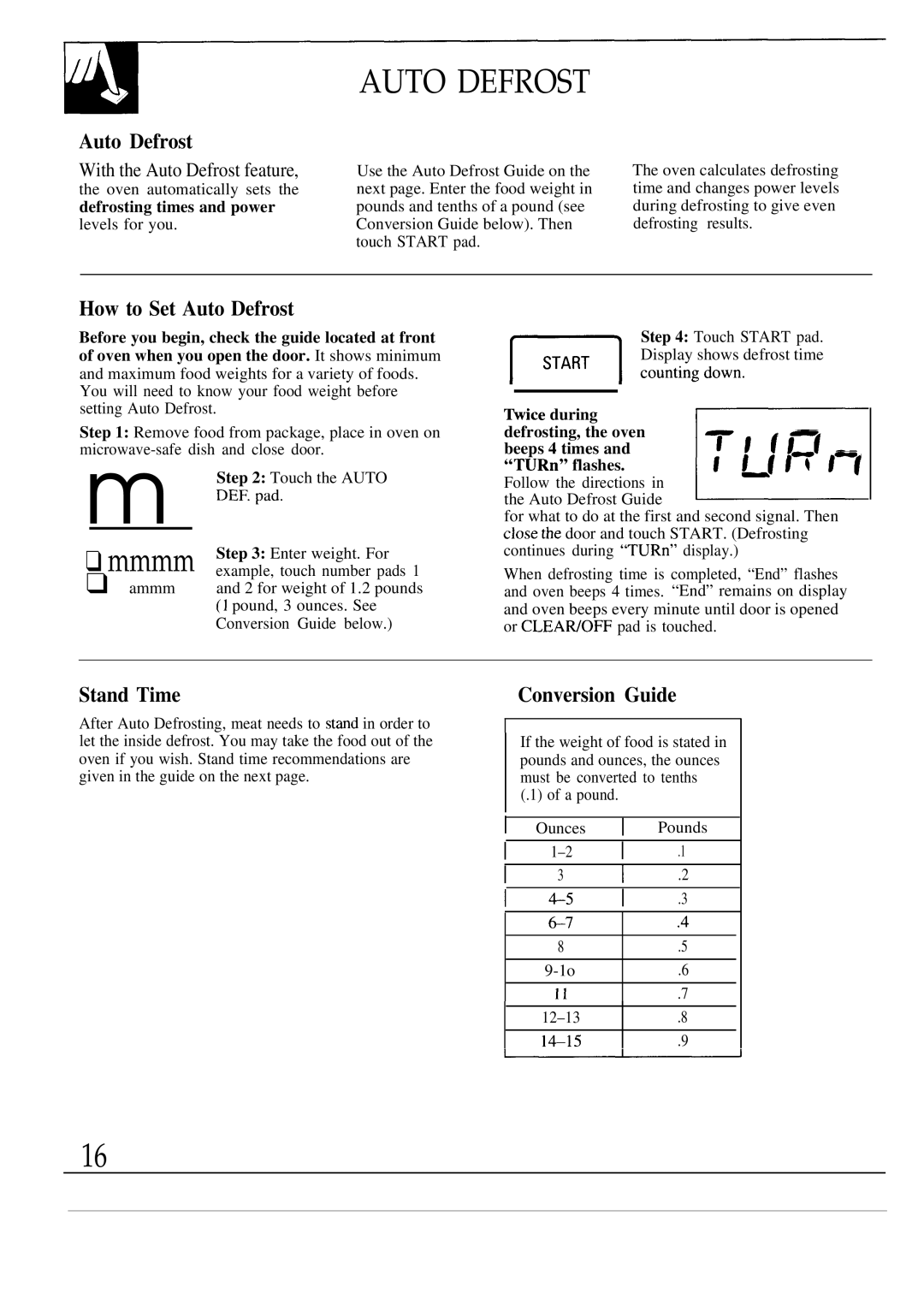 GE JEM31M warranty How to Set Auto Defrost, Stand Time, With the Auto Defrost feature 