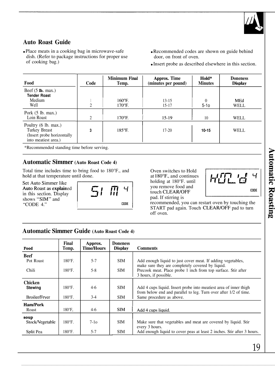 GE JEM31M warranty Auto Roast Guide, Automatic Simmer Guide Auto Roast Code 