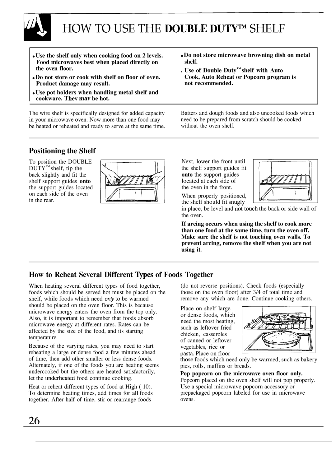 GE JEM31M HOW to USE the DO~LE Dutwm Shelf, Positioning the Shelf, How to Reheat Several Different ~pes of Foods Together 