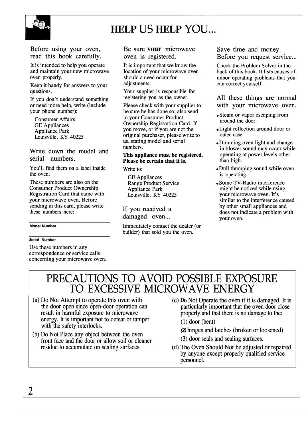 GE JEM31M warranty ~Lp Us ~Lp You, Precautions To Avoid Possible Exposure To Excessive Microwave Energy 