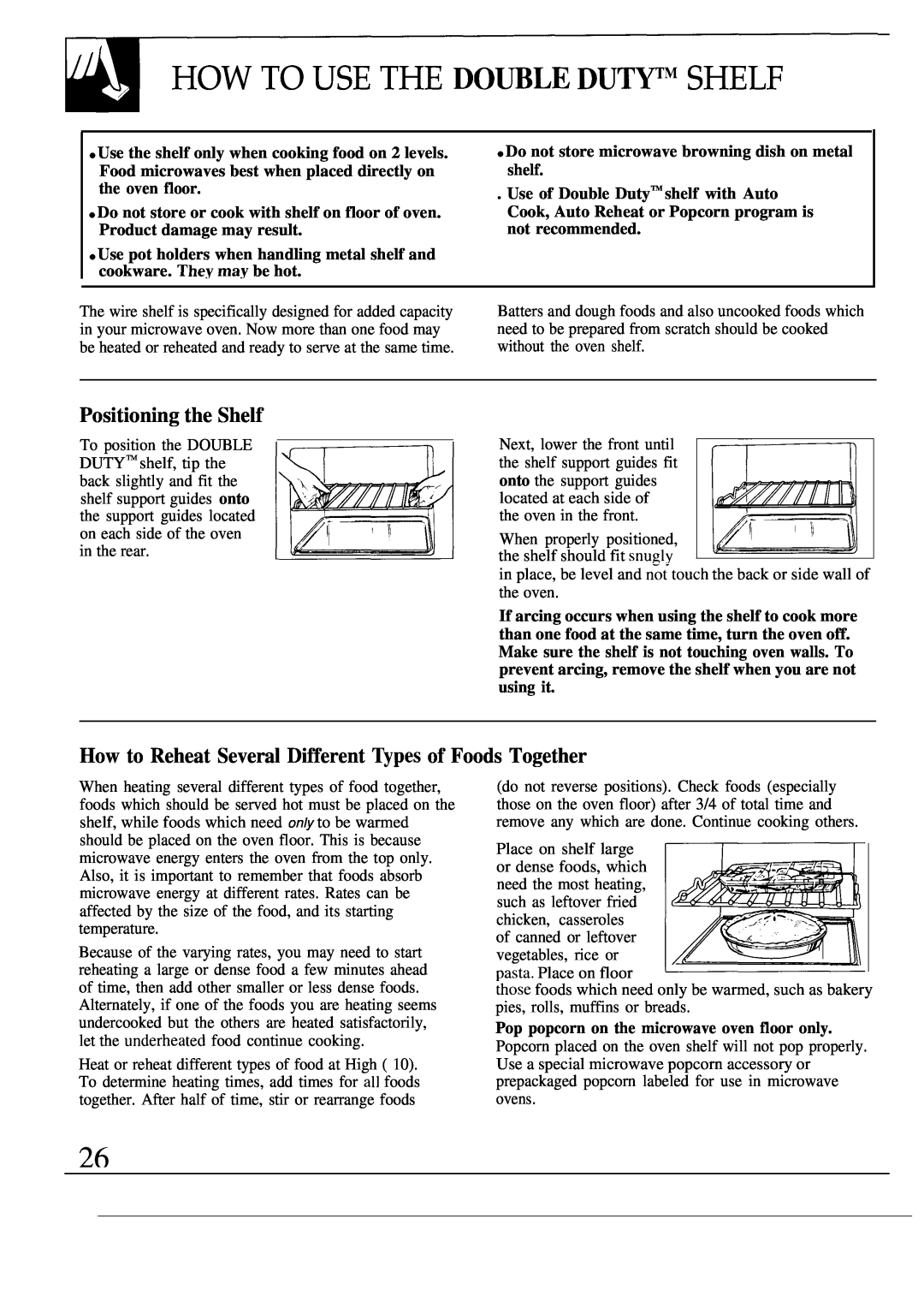 GE JEM31M How To Use The Do~Le Dutwm Shelf, Positioning the Shelf, How to Reheat Several Different ~pes of Foods Together 