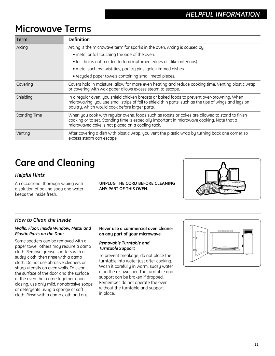 GE JES0734PMRR operating instructions Microwave Terms, Care and Cleaning, Helpful Hints, How to Clean the Inside 