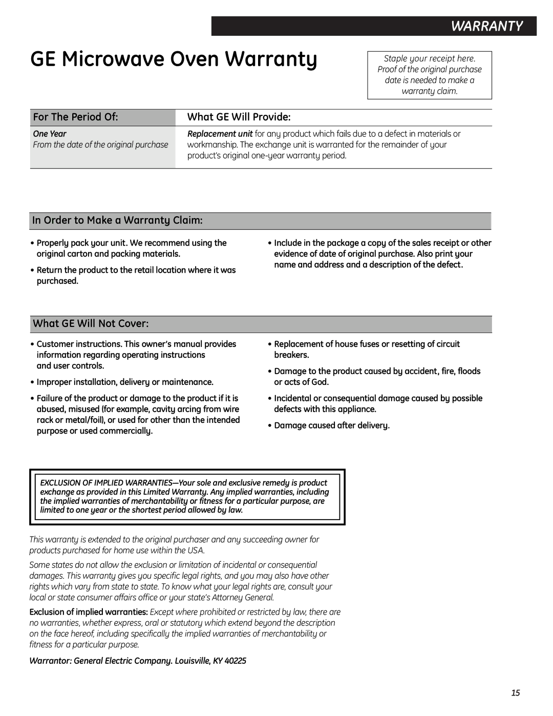 GE JES0734PMRR For The Period What GE Will Provide, Order to Make a Warranty Claim, What GE Will Not Cover, One Year 