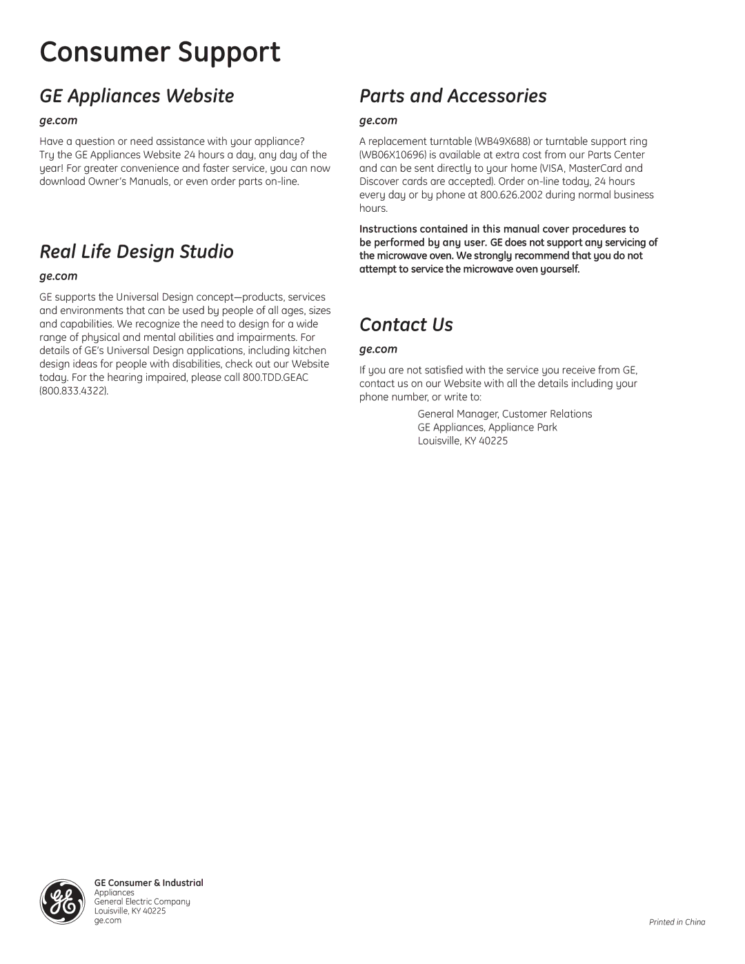 GE JES0734PMRR operating instructions Consumer Support, Ge.com 