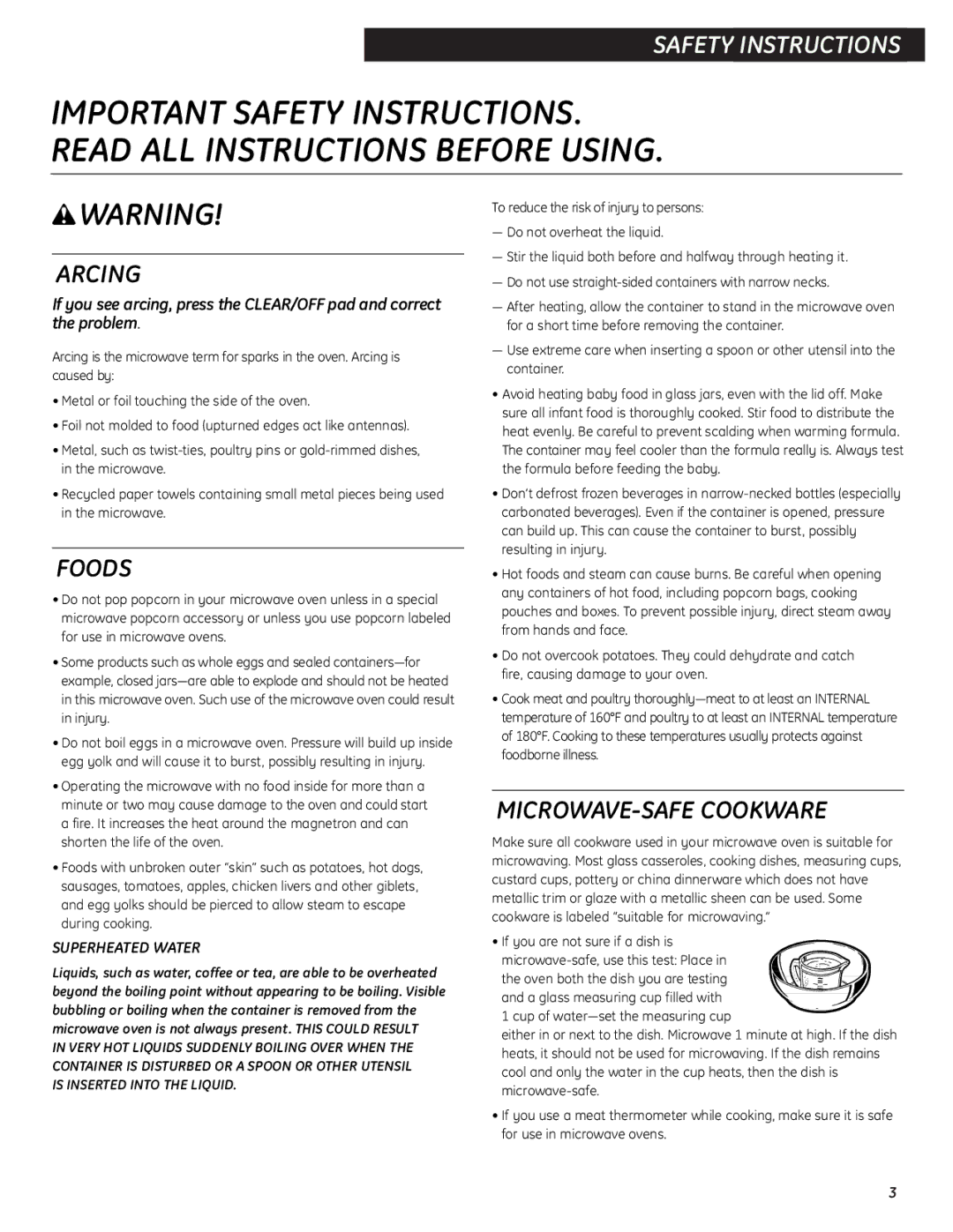 GE JES0734PMRR operating instructions Safety Instructions 