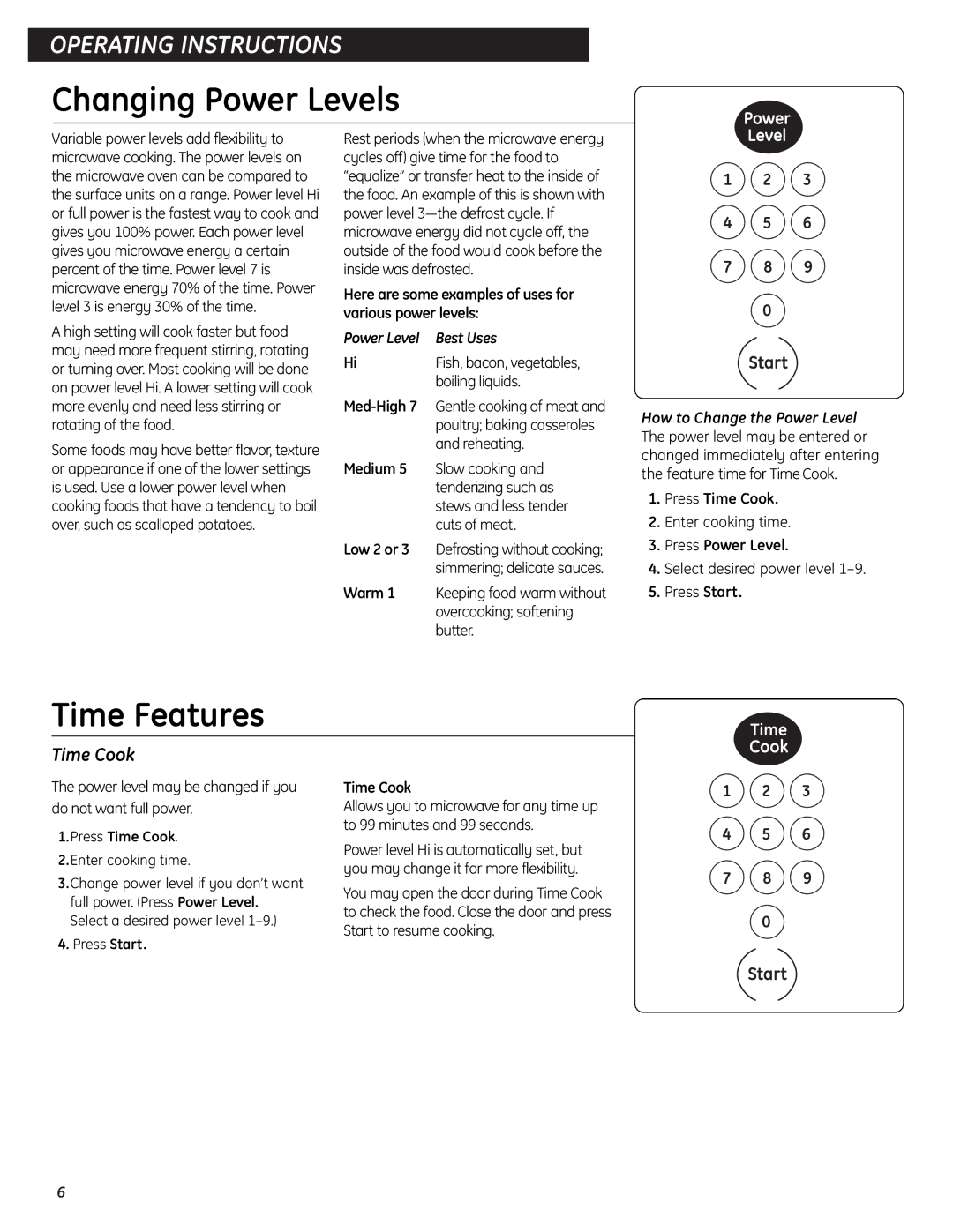 GE JES0734PMRR operating instructions Changing Power Levels, Time Features, Time Cook, Power Level Best Uses 