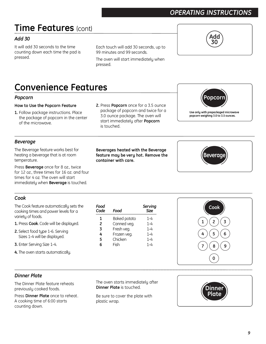 GE JES0734PMRR operating instructions Convenience Features 