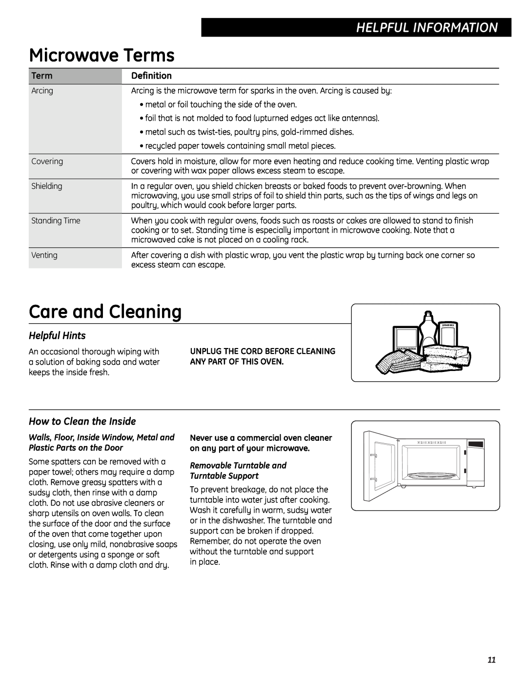 GE JES0734PMRR Microwave Terms, Care and Cleaning, Helpful Hints, How to Clean the Inside, Definition 