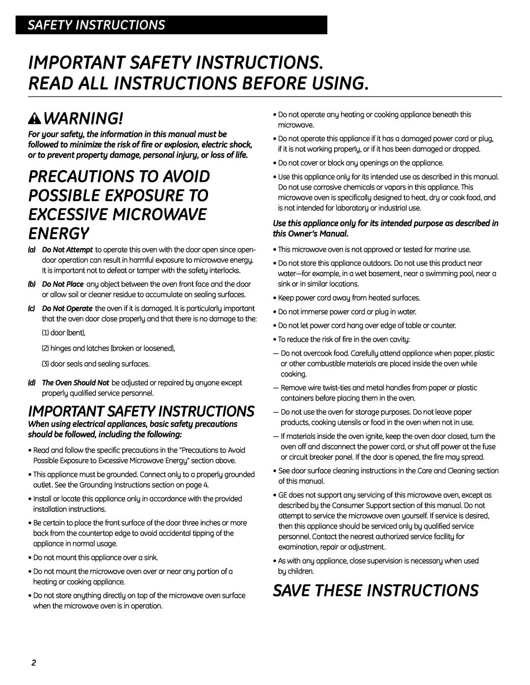 GE JES0734PMRR wWARNING, Save These Instructions, Safetyoperatinginstructions, Important Safety Instructions 