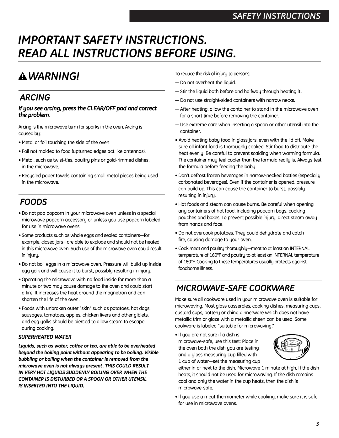 GE JES0734PMRR Safety Instructions, Arcing, Foods, Microwave-Safecookware, Superheated Water, wWARNING 