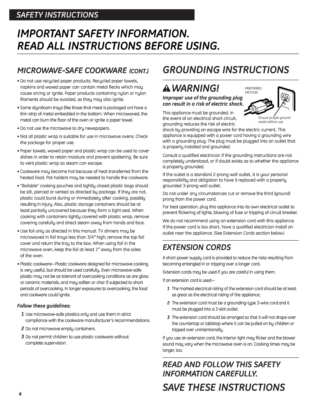 GE JES0734PMRR Grounding Instructions, Extension Cords, Follow these guidelines, Save These Instructions 