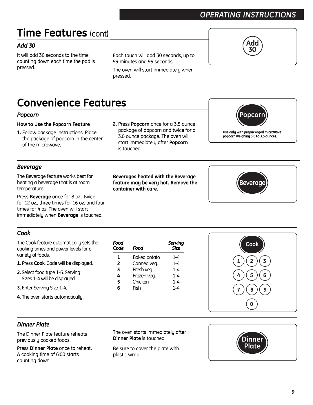 GE JES0734PMRR operating instructions Convenience Features, Popcorn, Beverage, Cook, Dinner Plate, Food, Time Features cont 
