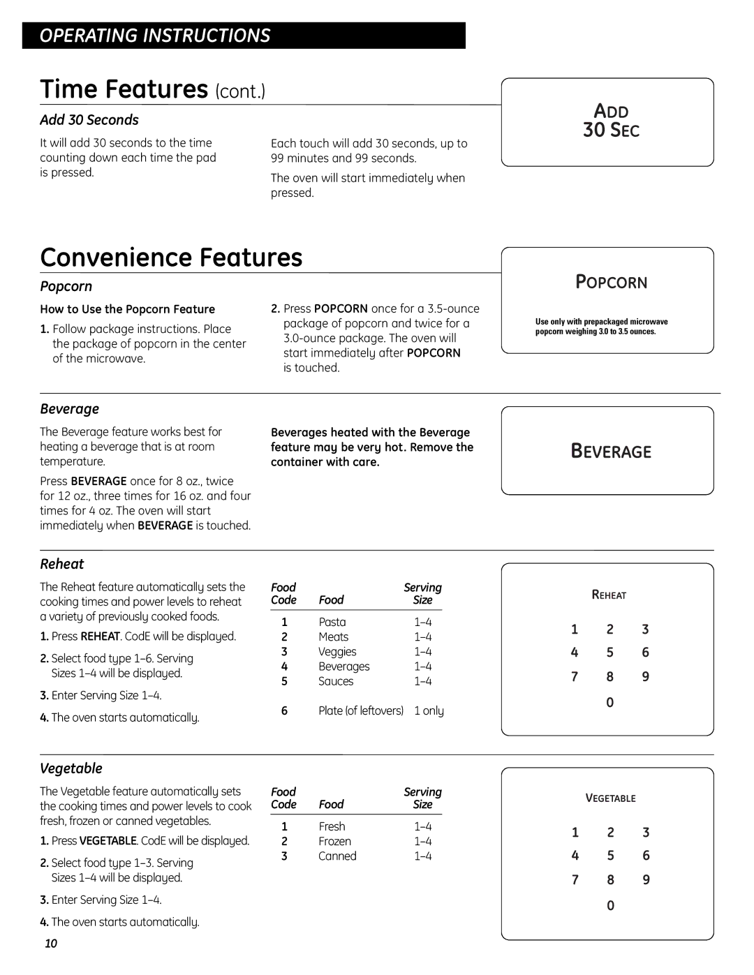 GE JES0737 quick start Convenience Features 