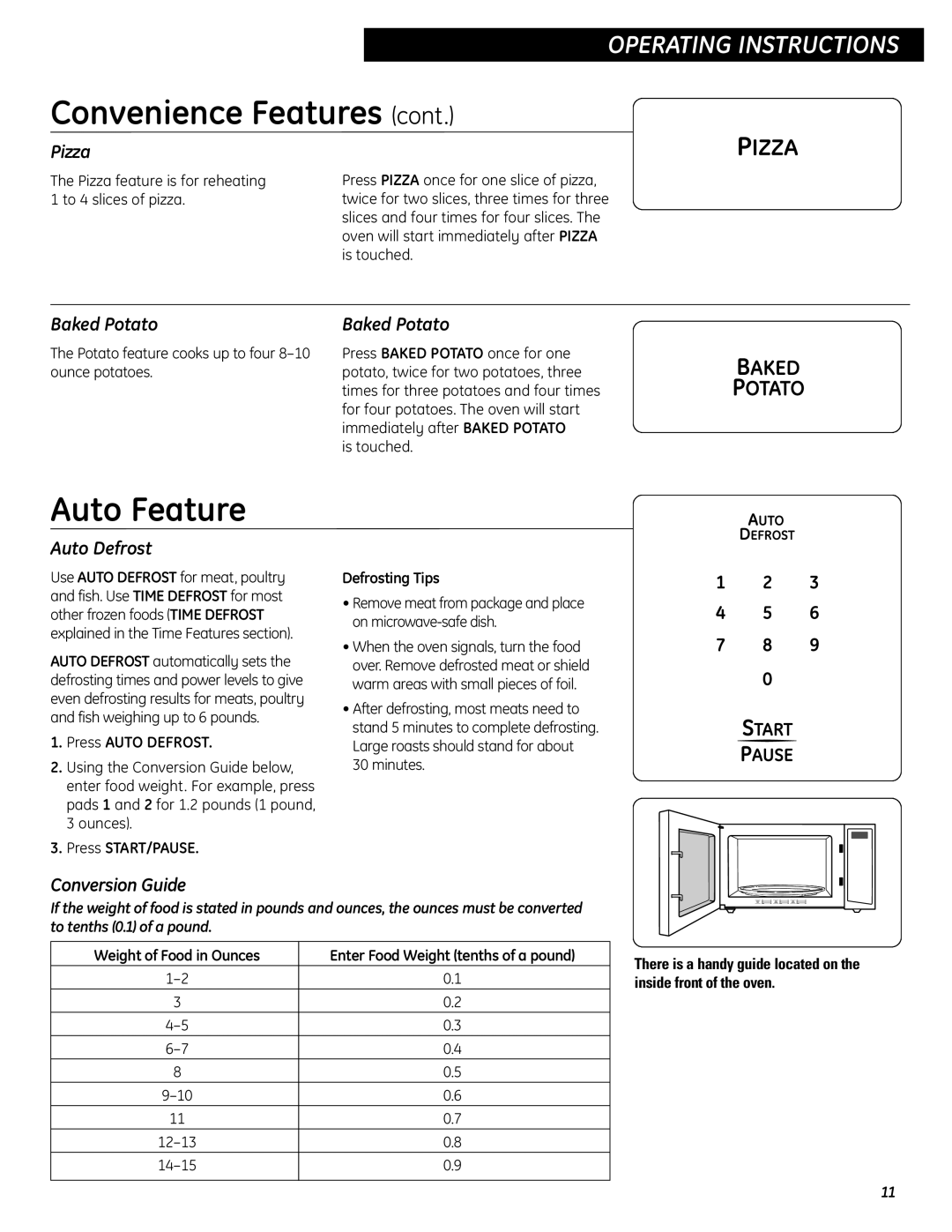 GE JES0737 quick start Auto Feature, Pizza, Baked Potato, Auto Defrost, Conversion Guide 