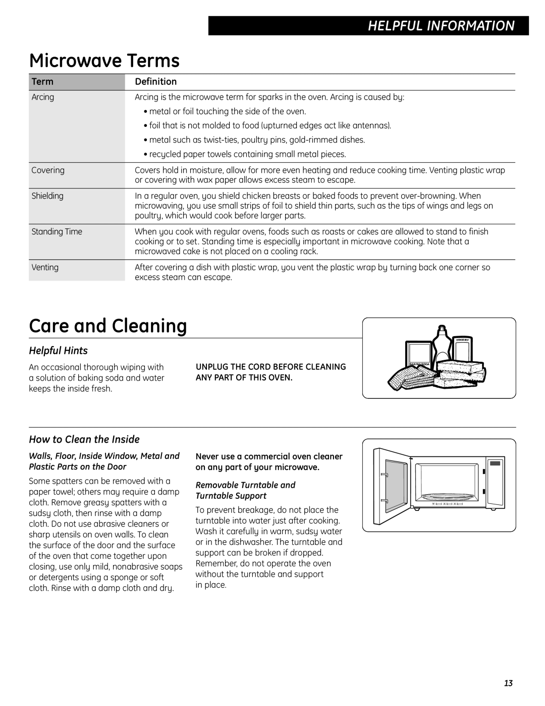 GE JES0737 quick start Microwave Terms, Care and Cleaning, Helpful Hints, How to Clean the Inside 