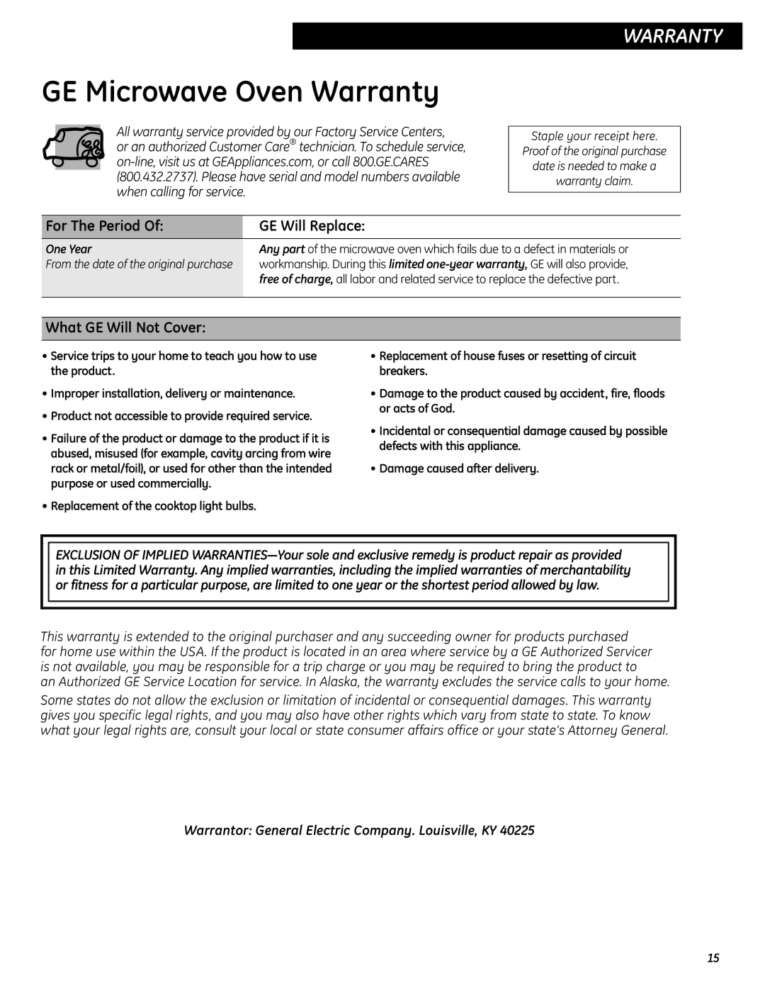 GE JES0737 quick start For The Period GE Will Replace, What GE Will Not Cover 