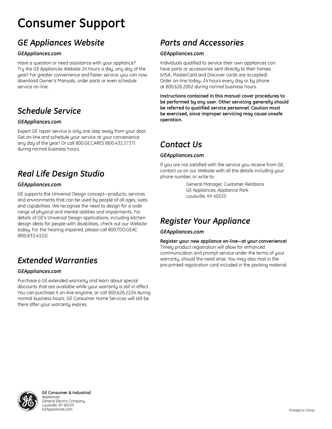 GE JES0737 quick start Consumer Support, GEAppliances.com 