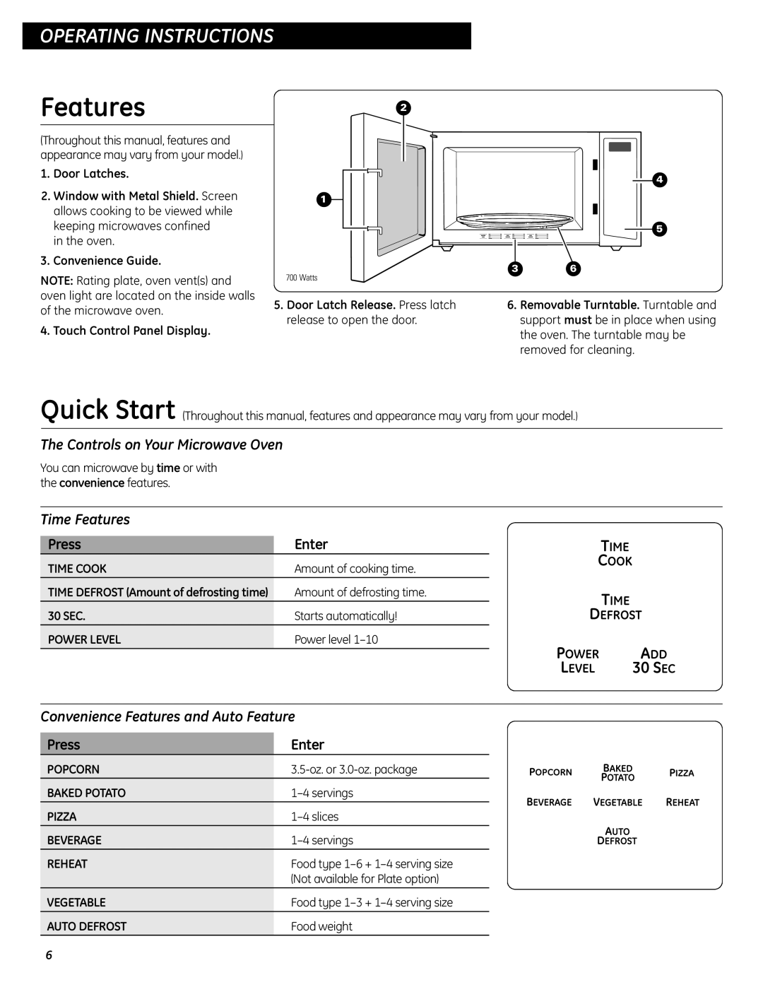 GE JES0737 quick start Controls on Your Microwave Oven, Time Features, Convenience Features and Auto Feature 