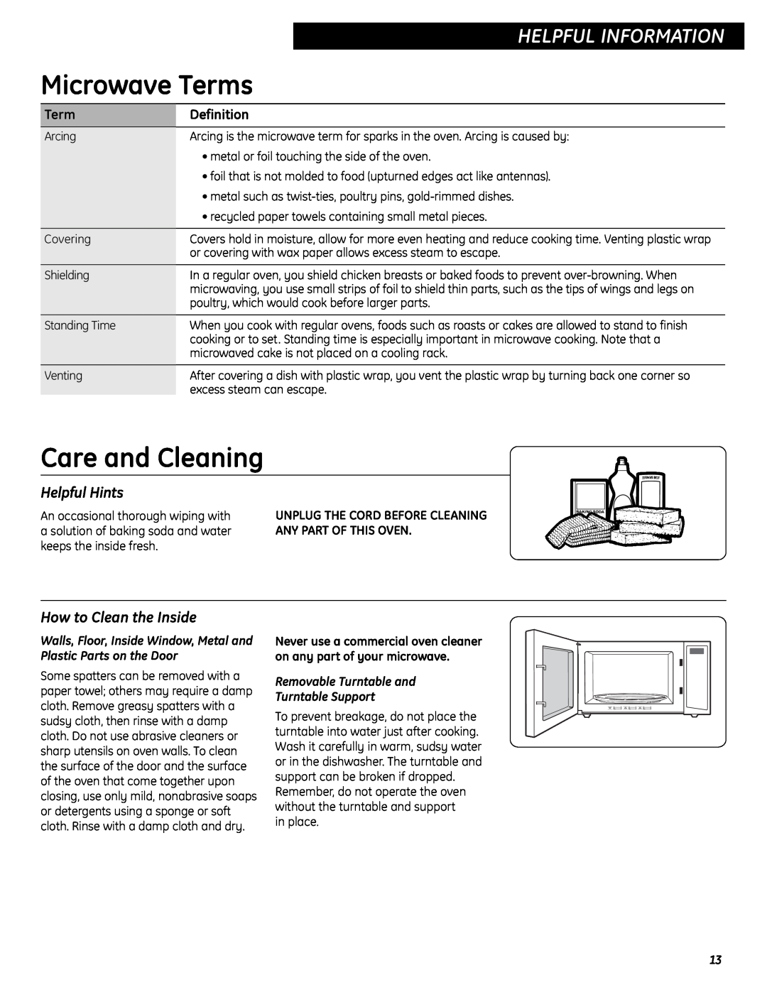GE JES0737 Microwave Terms, Care and Cleaning, Helpful Information, Helpful Hints, How to Clean the Inside, Definition 