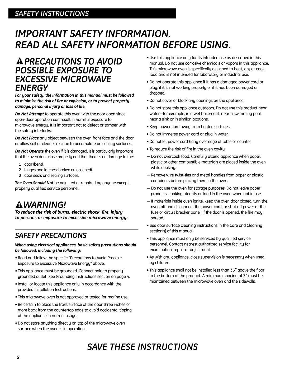 GE JES0737 quick start Important Safety Information, Read All Safety Information Before Using, Save These Instructions 