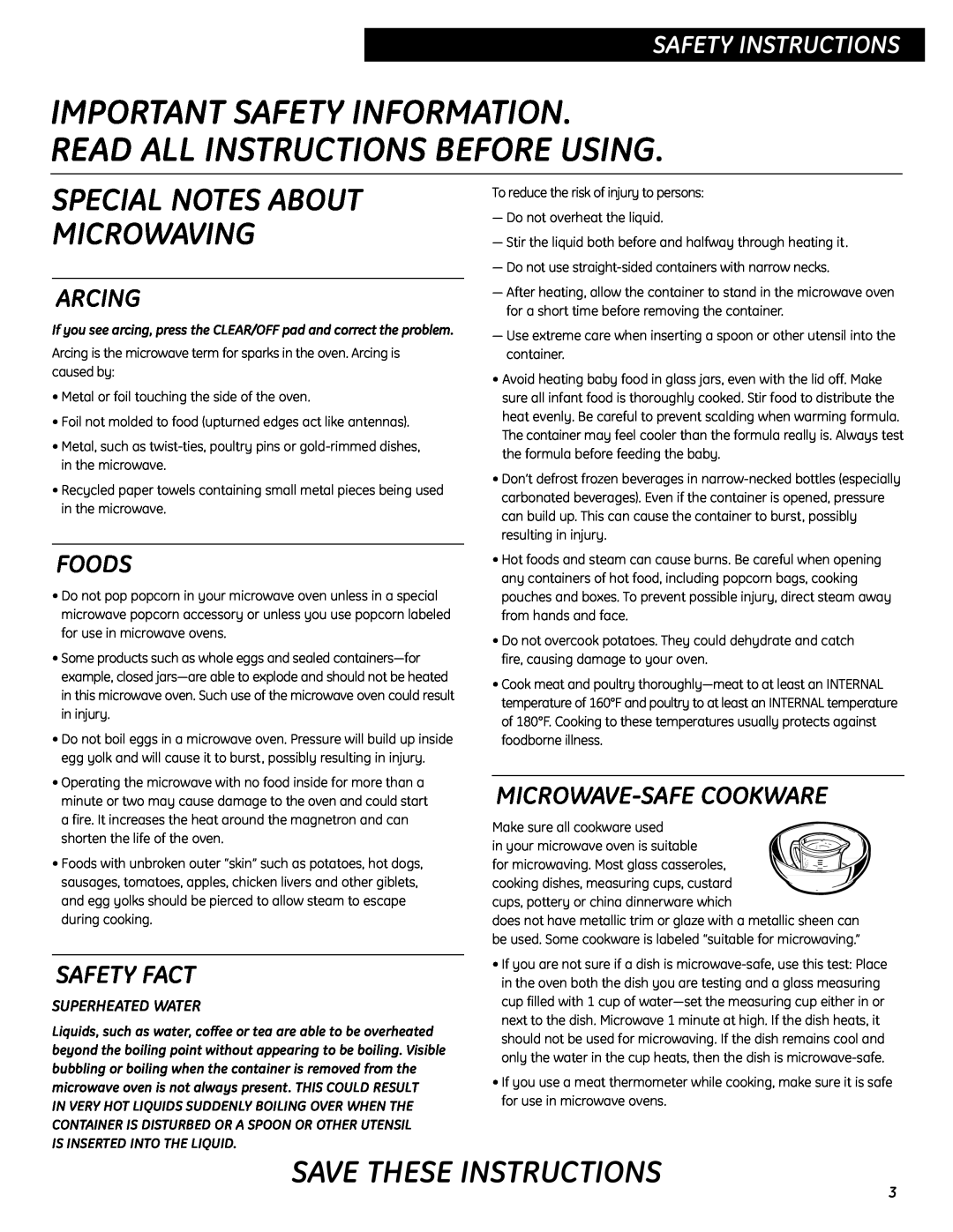 GE JES0737 Read All Instructions Before Using, Safety Instructions, Arcing, Foods, Safety Fact, Microwave-Safecookware 