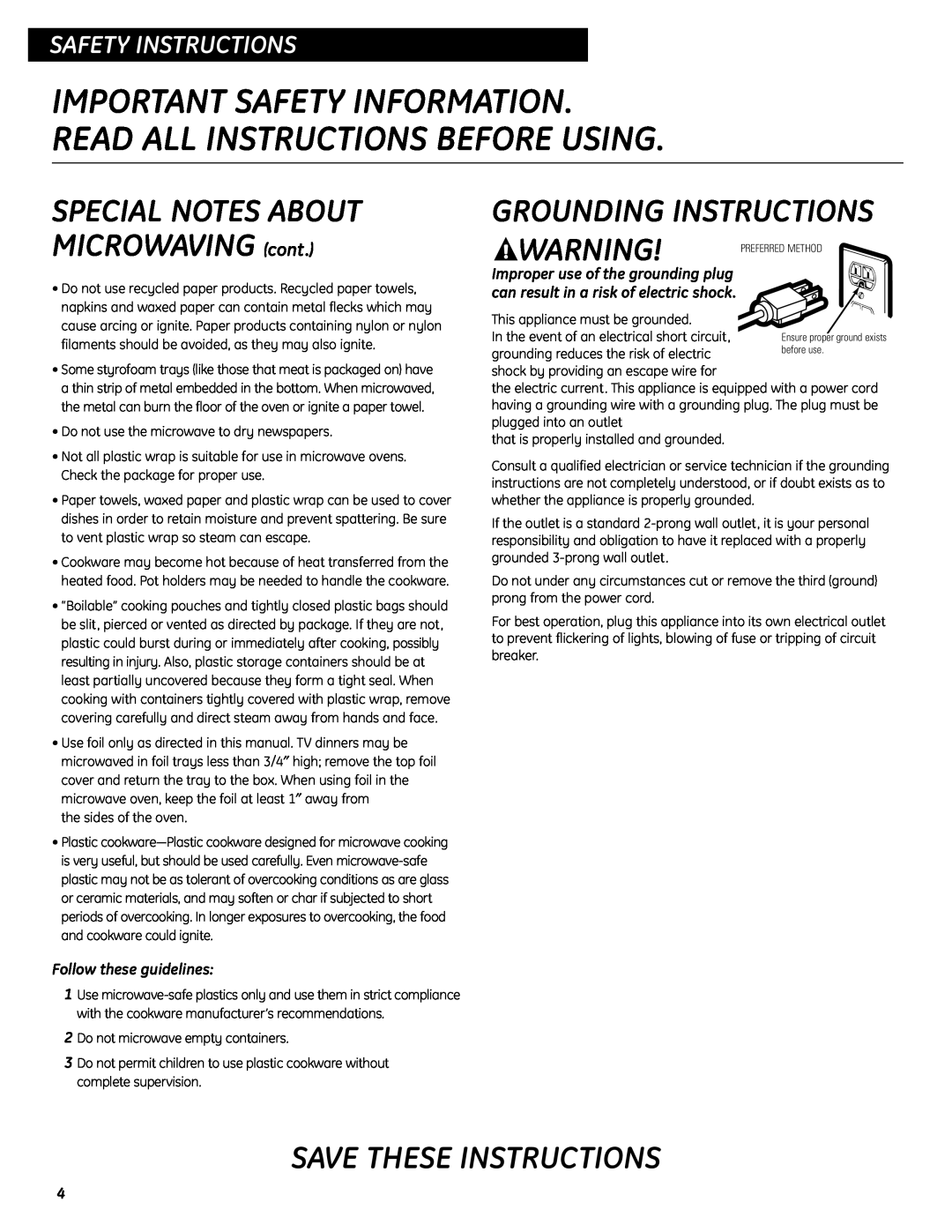 GE JES0737 Grounding Instructions, Save These Instructions, SPECIAL NOTES ABOUT MICROWAVING cont, Safety Instructions 