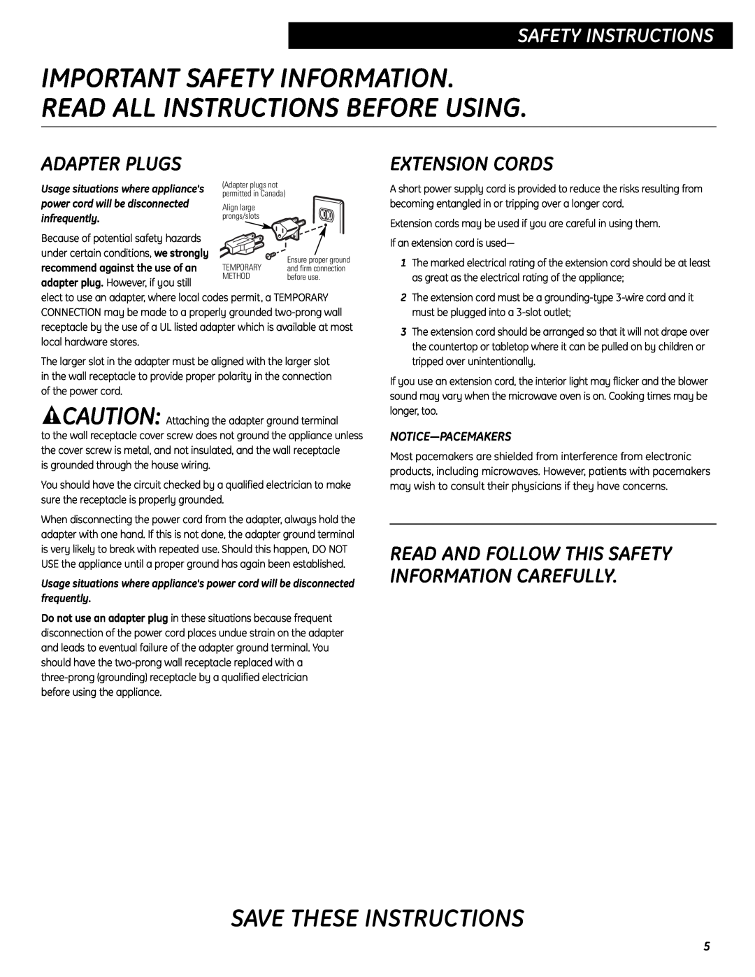 GE JES0737 quick start Adapter Plugs, Extension Cords, Important Safety Information, Read All Instructions Before Using 