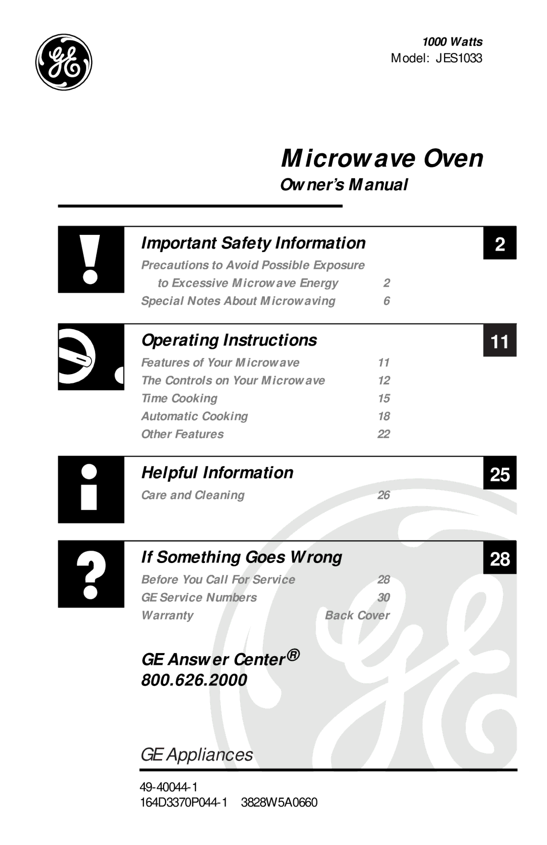 GE JES1033 owner manual Microwave Oven 