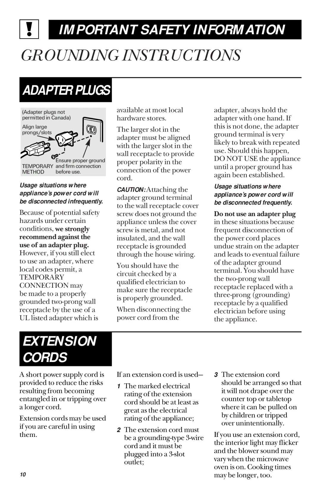 GE JES1033 owner manual Extension Cords 