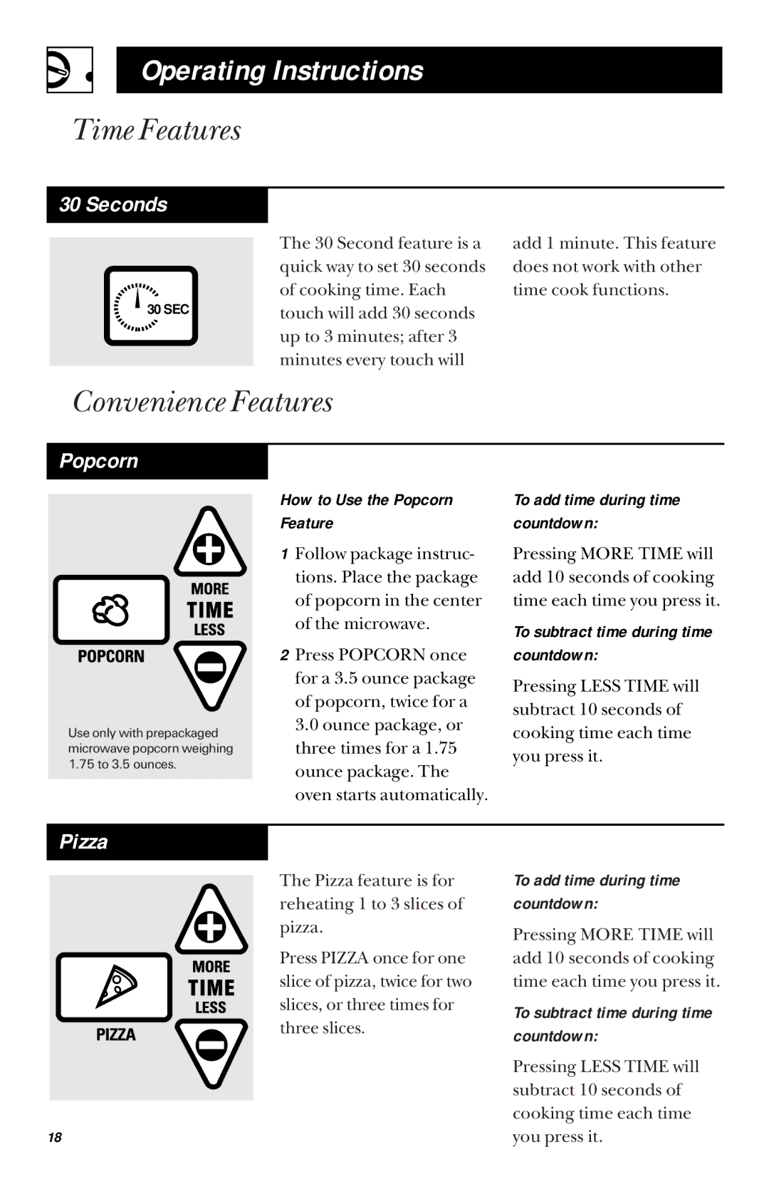 GE JES1033 owner manual Convenience Features, Seconds, Pizza, How to Use the Popcorn Feature 