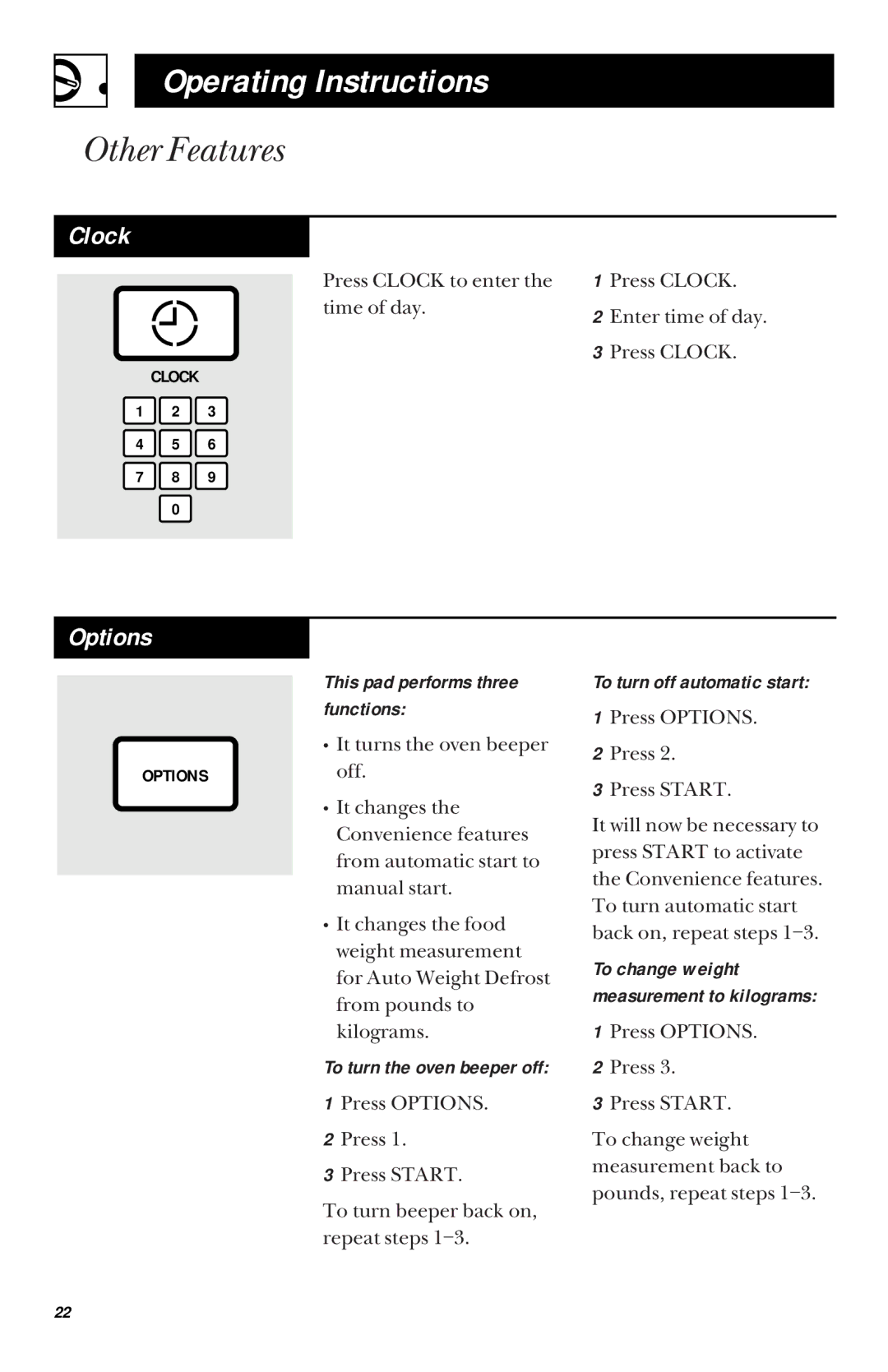 GE JES1033 owner manual Other Features, Clock, Options 