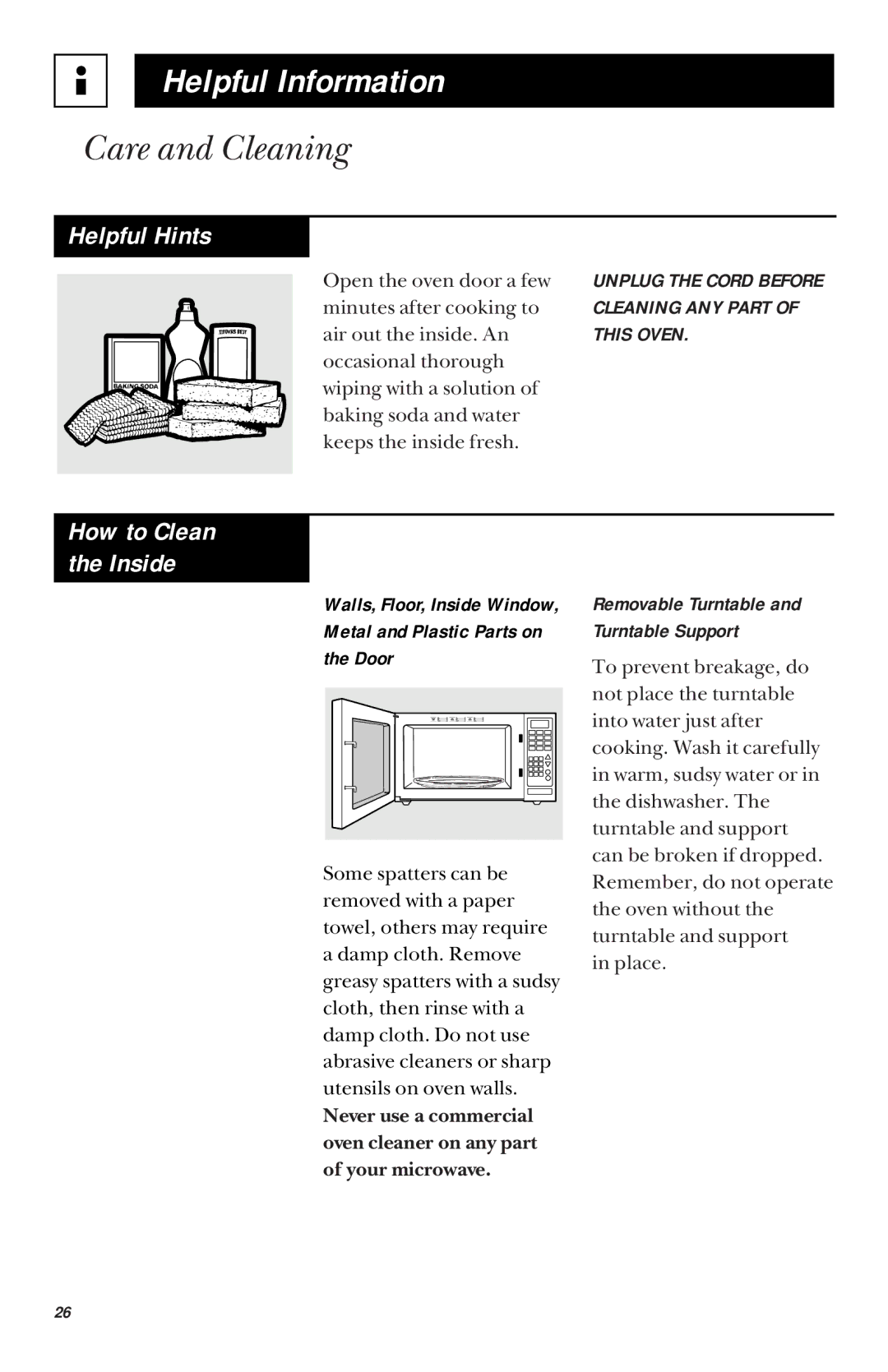 GE JES1033 owner manual Care and Cleaning, Helpful Hints, Walls, Floor, Inside Window Metal and Plastic Parts on Door 