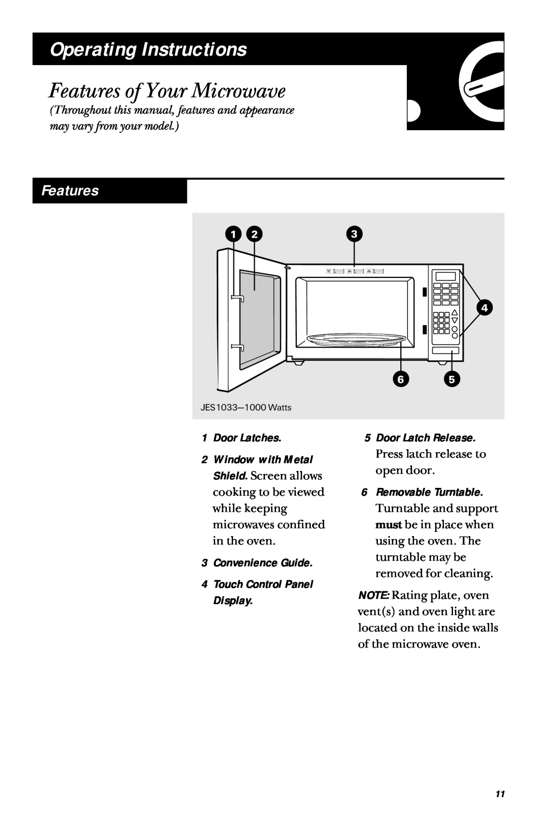 GE JES1033 Operating Instructions, Features of Your Microwave, Door Latches, Door Latch Release, Removable Turntable 