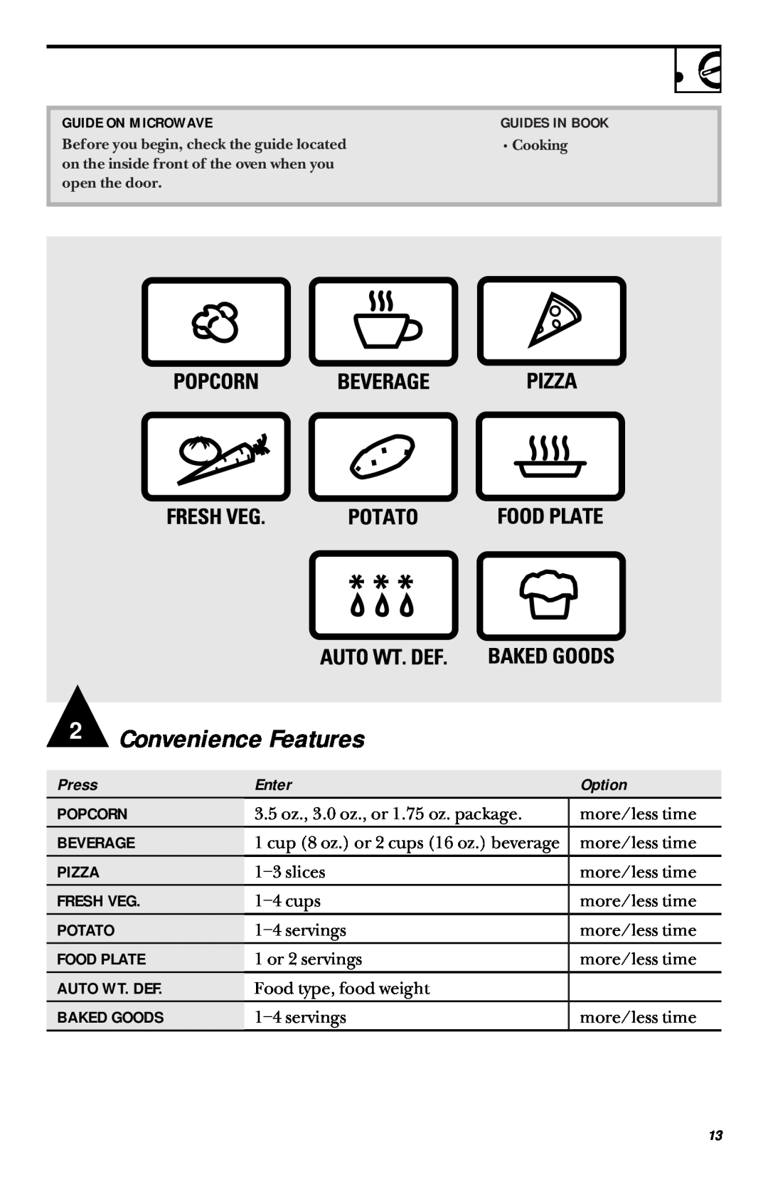 GE JES1033 owner manual Convenience Features, Press, Enter, Option, Popcorn, Beverage, Pizza, Fresh Veg, Potato, Food Plate 